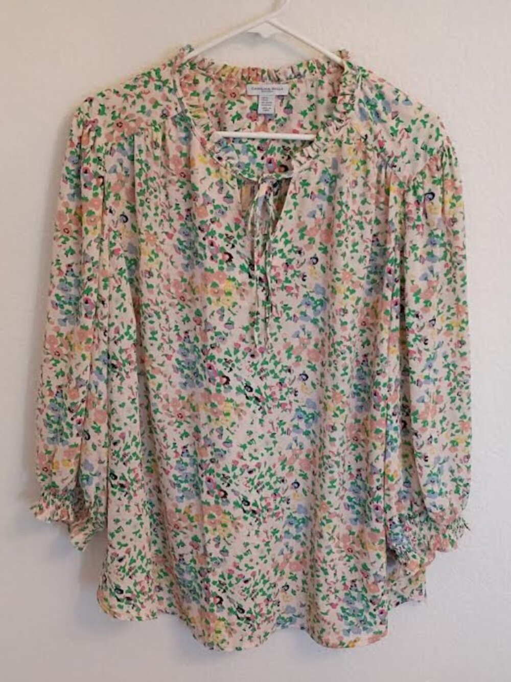 CAROLINA BELLE MONTREAL WOMEN'S TOP 3/4 SLEEVE FLORAL TIE RUFFLE NECK SIZE 3X